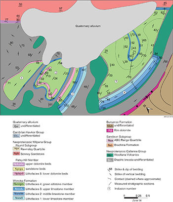 Detailed geological map of limestone inclusions.