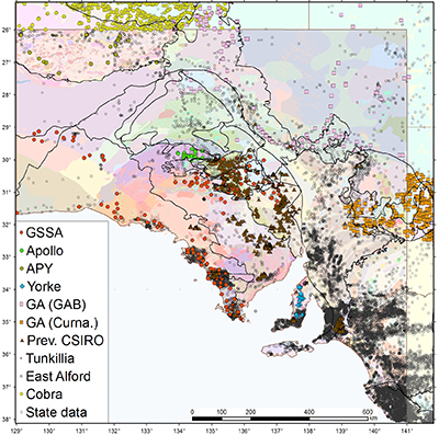 Groundwater sample sites in South Australia shown over 1:2 million scale solid geology.