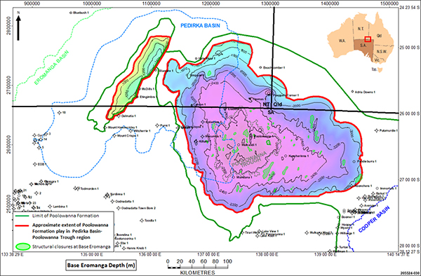 Figure 2 Approximate extent of the Poolowanna Formation play with undrilled structural closures shown in green.