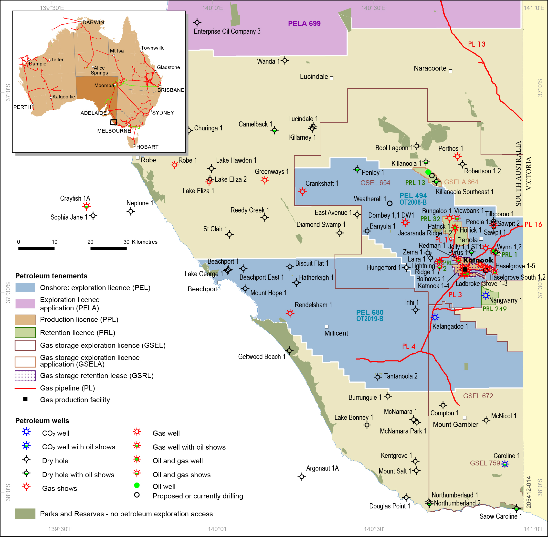 Otway Basin (SA) location map with tenements