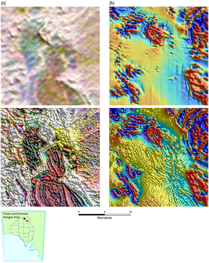 Figure 6 Comparison of radiometric and magnetic images before (top) and after (bottom) the Gawler Craton Airborne Survey, Block 2B, Peake and Denison Ranges Inlier. (a) Ternary radiometrics. (b) Total magnetic intensity, reduced to pole, first vertical derivative.