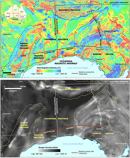 Figure 1 Regional total magnetic intensity and Bouguer gravity images showing the location of the Coompana Province.