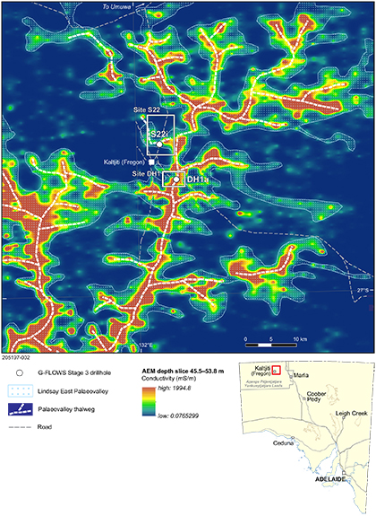 Figure 1 Map of the study area showing the interpreted extent and thalweg of the Lindsay East Palaeovalley and the location of drillholes.
Figure 1 Map of the study area showing the interpreted extent and thalweg of the Lindsay East Palaeovalley and the location of drillholes.