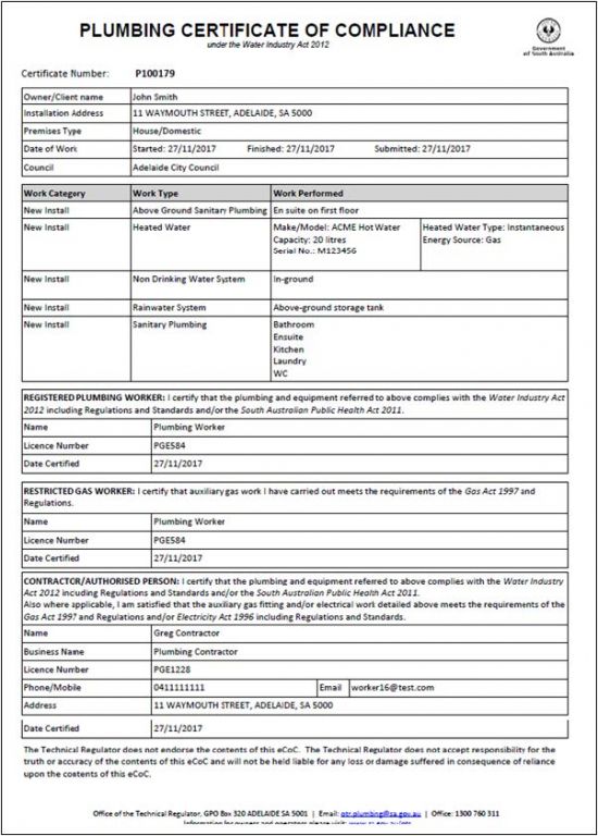 Plumbing electronic Certificate of Compliance. Example of a plumbing electronic Certificate of Compliance.