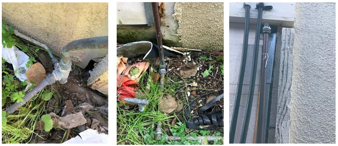 Photos which show a non-compliant gas outlet service laid on the ground surface running on the neighbor’s property with some of the gas connections approved for water only.