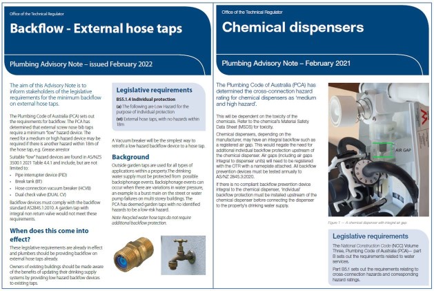 Two examples of Plumbing Advisory Notes produced by the Technical Regulator. One is dated February 2022 and is headed ‘Backflow – External hose taps’ and lists the Legislative requirements and background details. The other example is dated February 2021 and is headed ‘Chemical dispensers’ and discusses the legislative requirements.