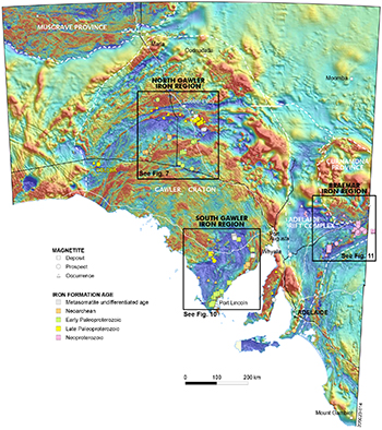 Figure 1 Total magnetic intensity (TMI) image of South Australia showing geological domains and magnetite ore occurrences.