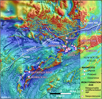 Figure 11 Braemar iron region magnetite occurrences shown over TMI image.