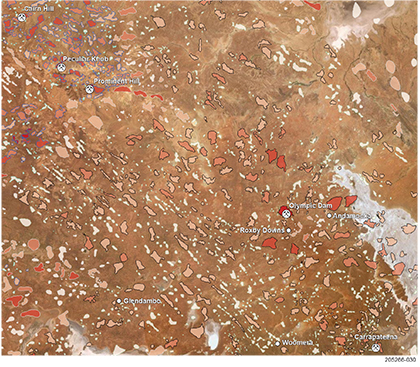Figure 10 SARIG view of residual gravity anomalies, classified by cluster type and magnitude.