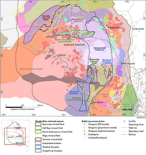 Figure 3 Sleafordian gold mineral system and associated mineral fields superimposed on interpreted solid geology.