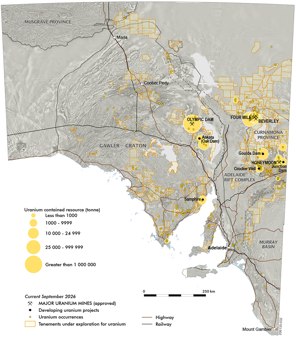 Uranium in South Australia: major uranium mines, developing uranium projects, uranium occurrences and tenements under exploration for uranium (June 2025).