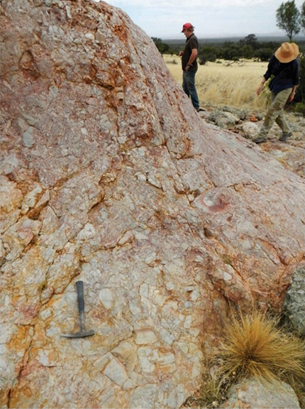 Figure 2 Siliceous breccia at Nankivel Hill, eastern zone. Intensely silicified, bleached clasts cemented by alunite-quartz, and other advanced-argillic clays including dickite and diaspore. (Photo 415201)