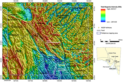 Figure 15 Interpreted structural geology linework of Peltabinna over TMI image.