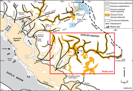 Interpreted paleovalleys and Cenozoic sediment distribution.