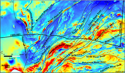 Figure 2 Surface traces and names of the faults shown on the background of the TMI image from which they were originally derived.