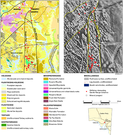 Figure 1 Surface geology and aeromagnetic expression (TMI 1VD) of the Roopena-Myall Creek area.