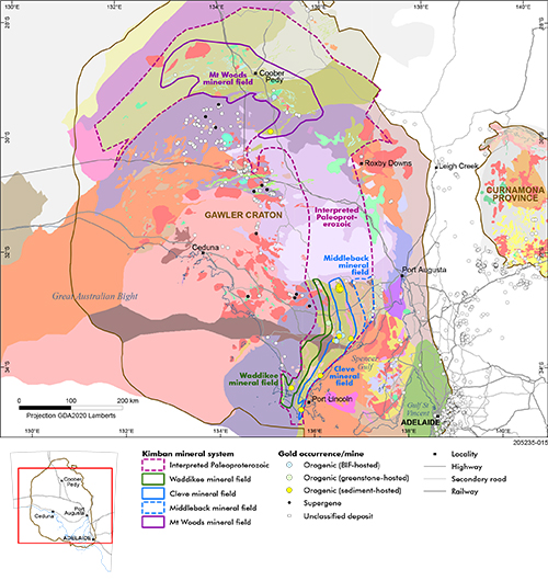 Figure 5 Kimban gold mineral system and associated mineral fields superimposed on interpreted solid geology.