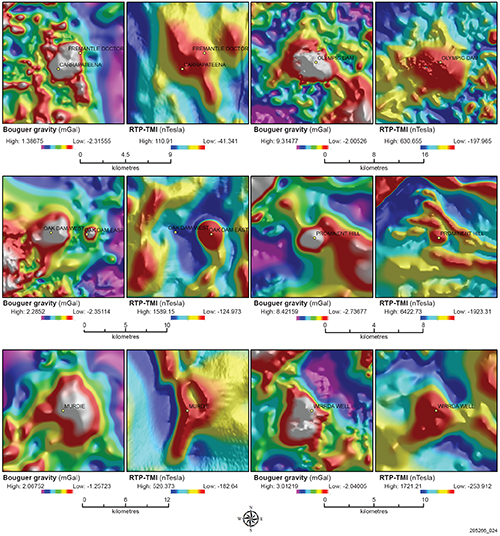 Figure 4 Residual gravity and residual RTP-TMI expressions of six IOCG deposits and occurrences within the Olympic Cu–Au Province.