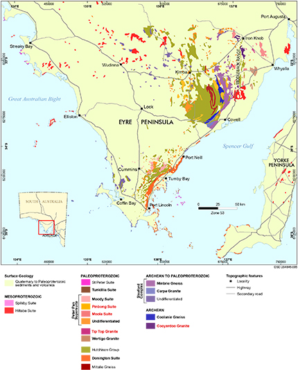 Figure 1 Map of Eyre Peninsula showing the extent of the Peter Pan Supersuite, Hutchison Group, basement units, and other mainly plutonic igneous units. Bold names are units originally grouped into the Lincoln Complex (at least in part); red names are new names applied to parts of the former Lincoln Complex. Tunkillia Suite mostly occurs northwest of map extent.