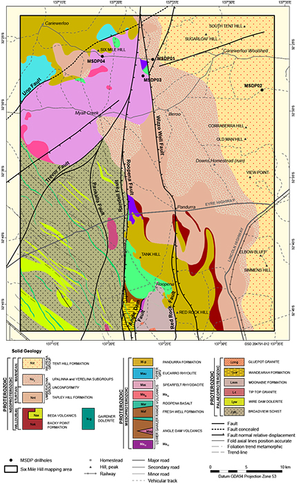 Figure 6 Six Mile Hill. (a) Interpreted bedrock geology.