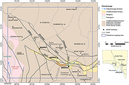 Figure 17 Paleodrainage map of Peltabinna showing the Narlaby Paleochannel system in the west and the newly mapped Progress Paleochannel in the central-southern part of the map sheet.