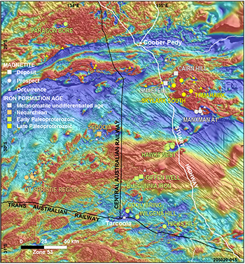 Figure 7 North Gawler iron region magnetite occurrences shown over TMI image.