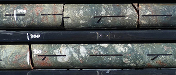 Figure 8d Sericite–chlorite metasomatite containing remnant blocks of granite and angular blocks of white quartz. (Photo 416625)
    