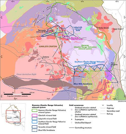 Figure 6 Kararan (Gawler Range Volcanics) gold mineral system and associated mineral fields superimposed on interpreted solid geology.