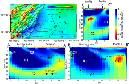 Figure 2 Two-dimensional resistivity models of the MT profiles obtained using the 2D OCCAM inversion of deGroot-Hedlin and Constable (1990).