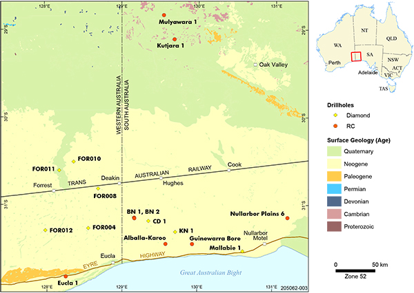 Figure 2 Distribution of existing drillholes in the Coompana Province prior to the Coompana Drilling Project.