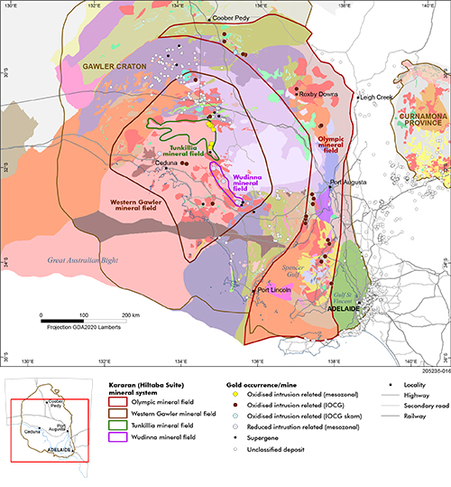 Figure 7 Kararan (Hiltaba Suite) gold mineral system and associated mineral fields superimposed on interpreted solid geology.
