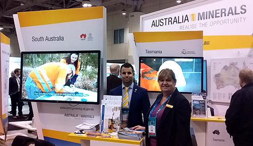 Tom Wise and Kerry Stanley at the South Australia booth, Australian Pavilion.