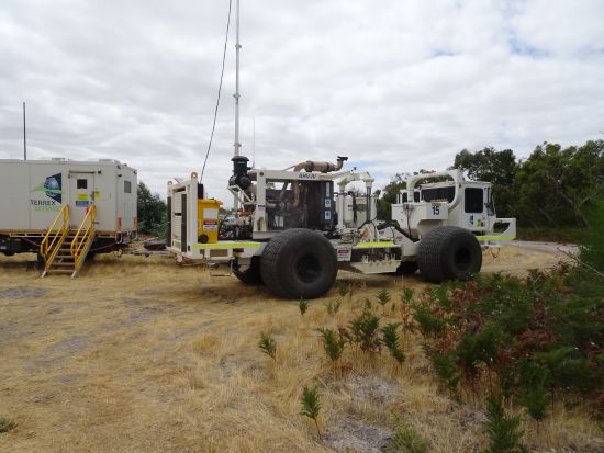 A seismic survey truck carrying out the Dombey 3D seismic survey in the Otway Basin, south-east of South Australia