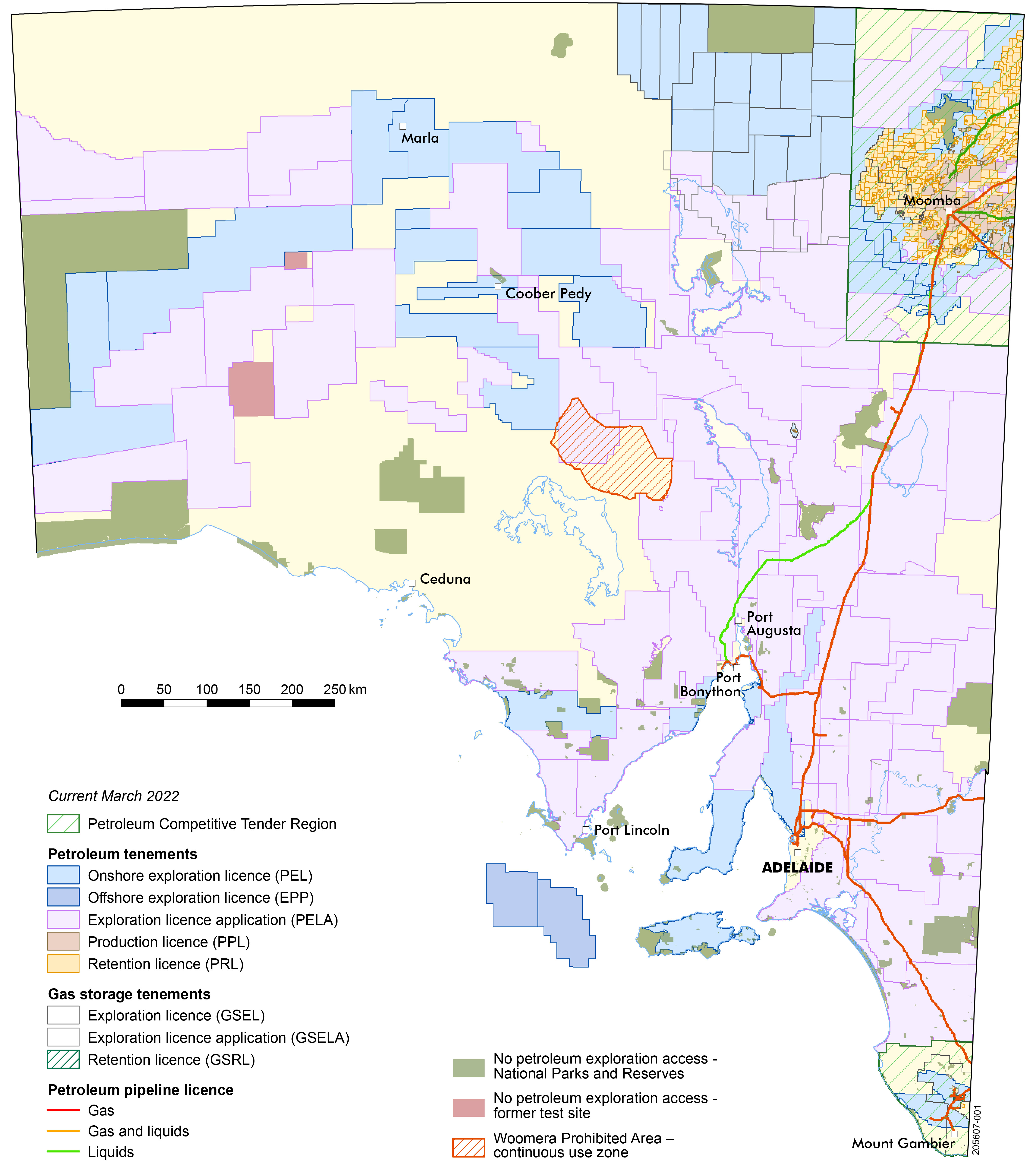 Map of petroleum and gas storage tenements in South Australia as at March 2022