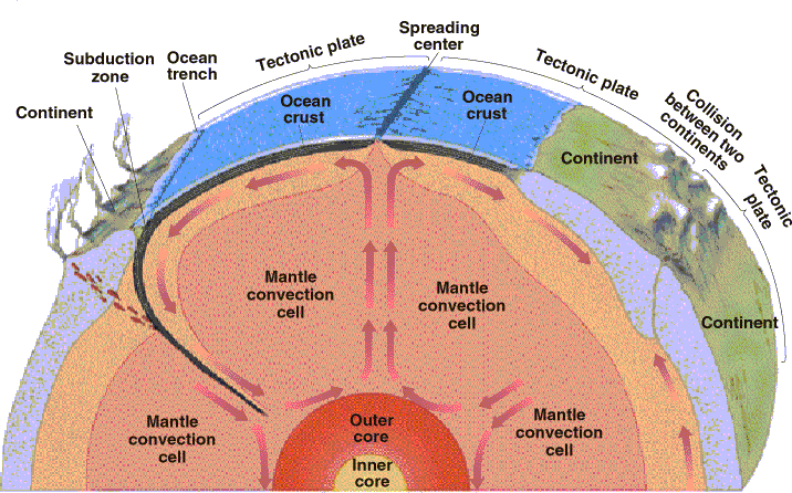 Diagram showing the cores and mantle of the earth and tectonic plates