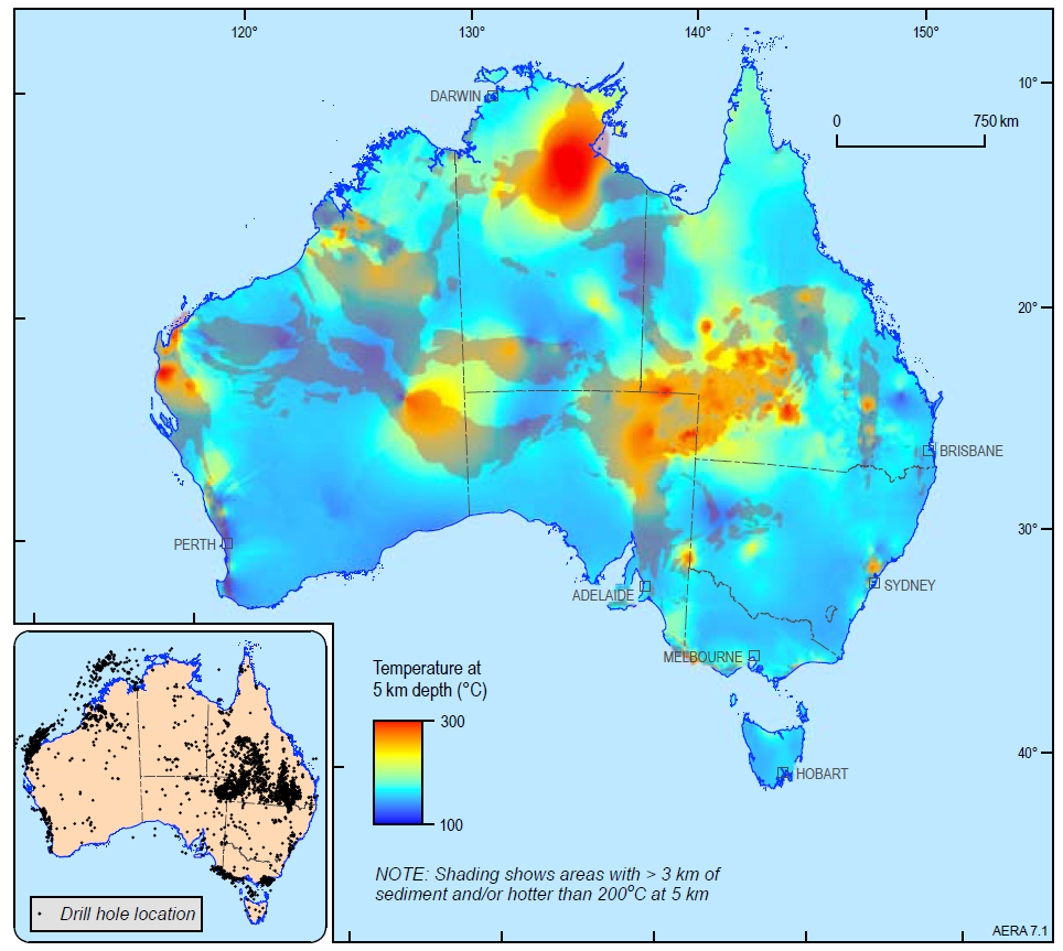 Map of Australia with a raster image displaying the predicted temperature at 5 km depth