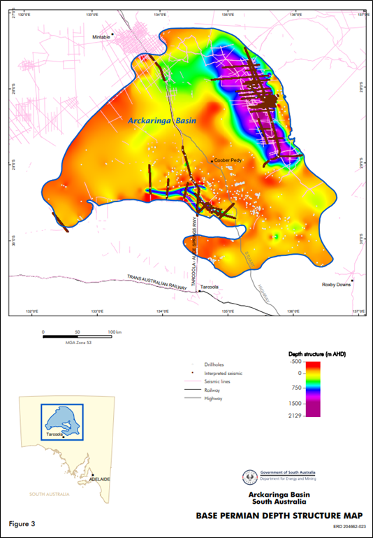 Base Permian depth structure map for the Arckaringa Basin, South Australia