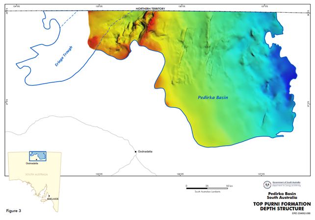 Top Purni Formation depth structure map in the Pedirka Basin, South Australia