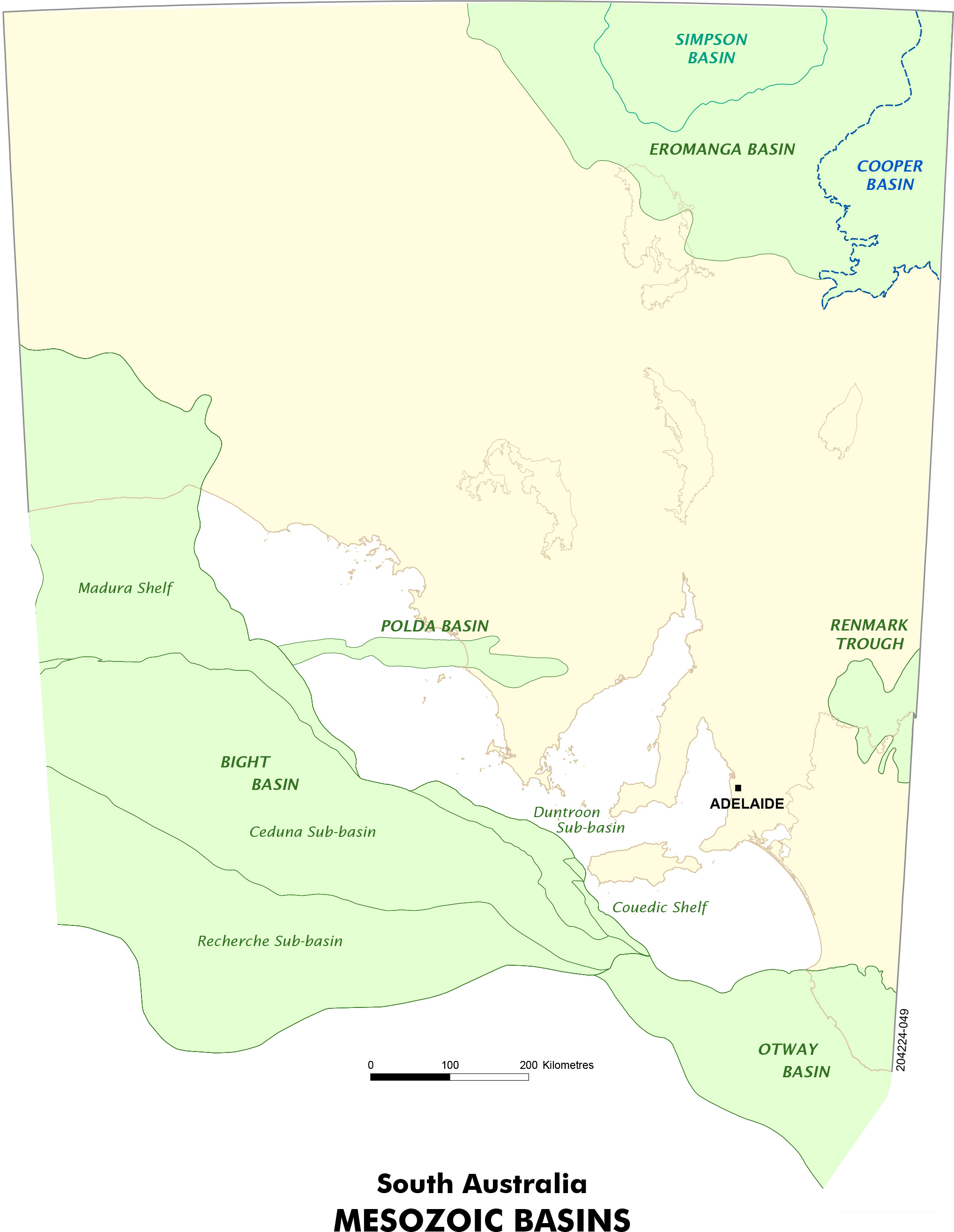 Map of South Australia displaying the location of Mesozoic Basins