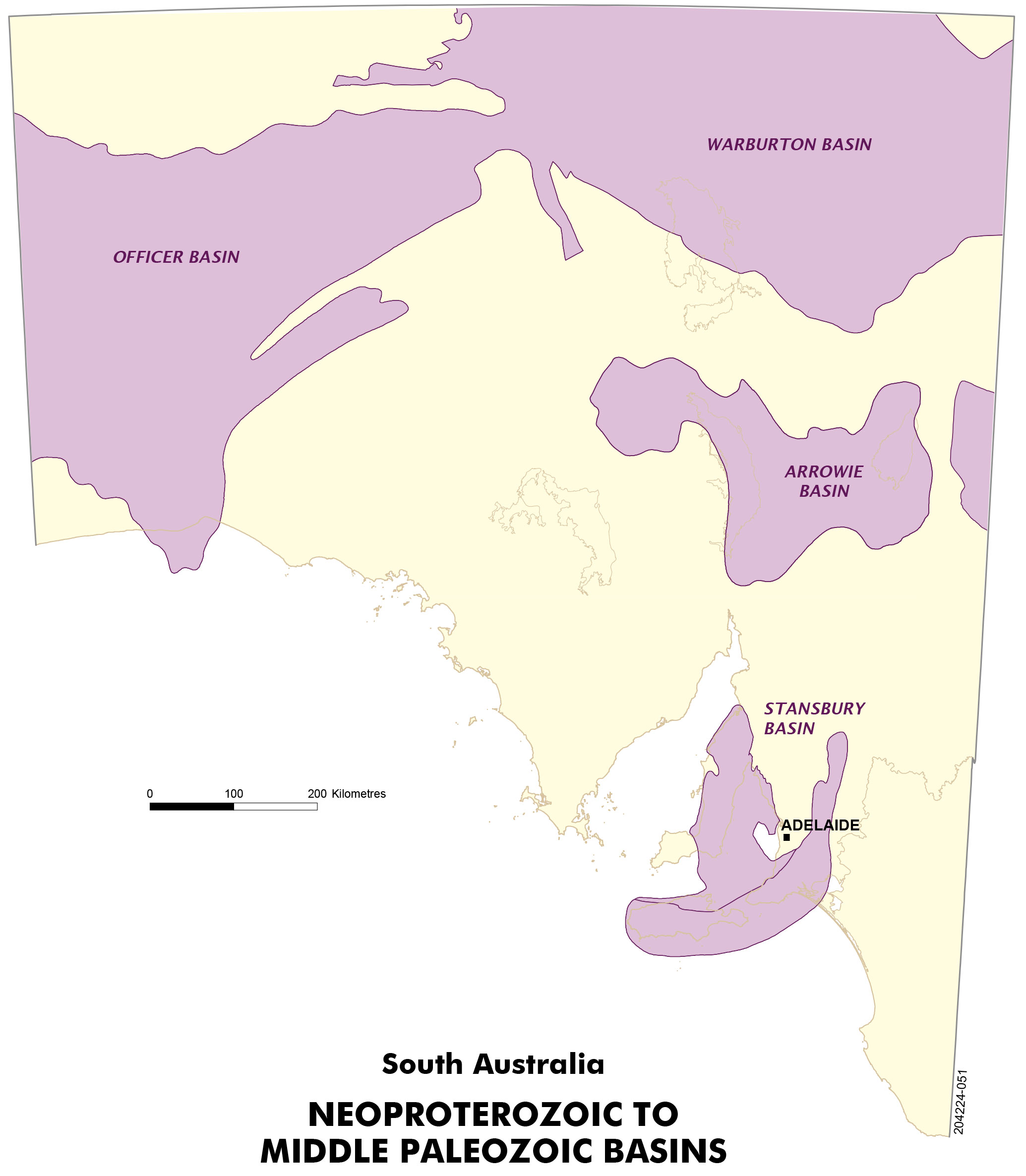 Map of South Australia displaying the location of Neoproterozoic to Middle Palaeozoic Basins