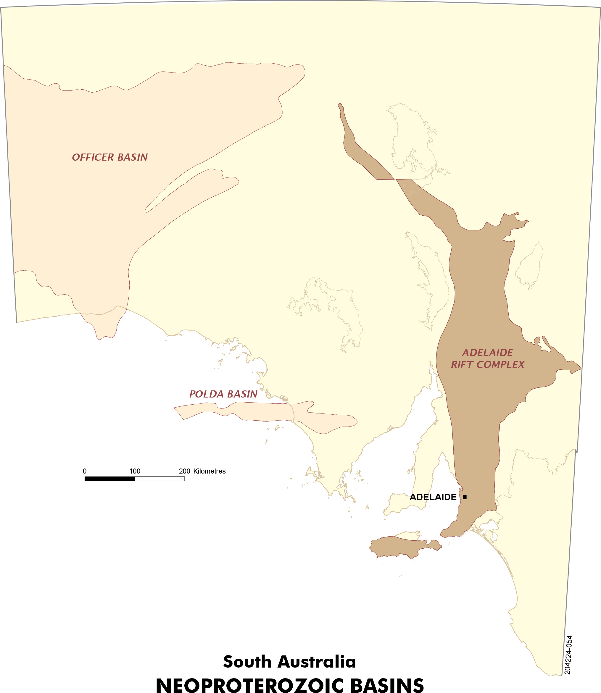 Map of South Australia displaying the location of Neoproterozoic Basins