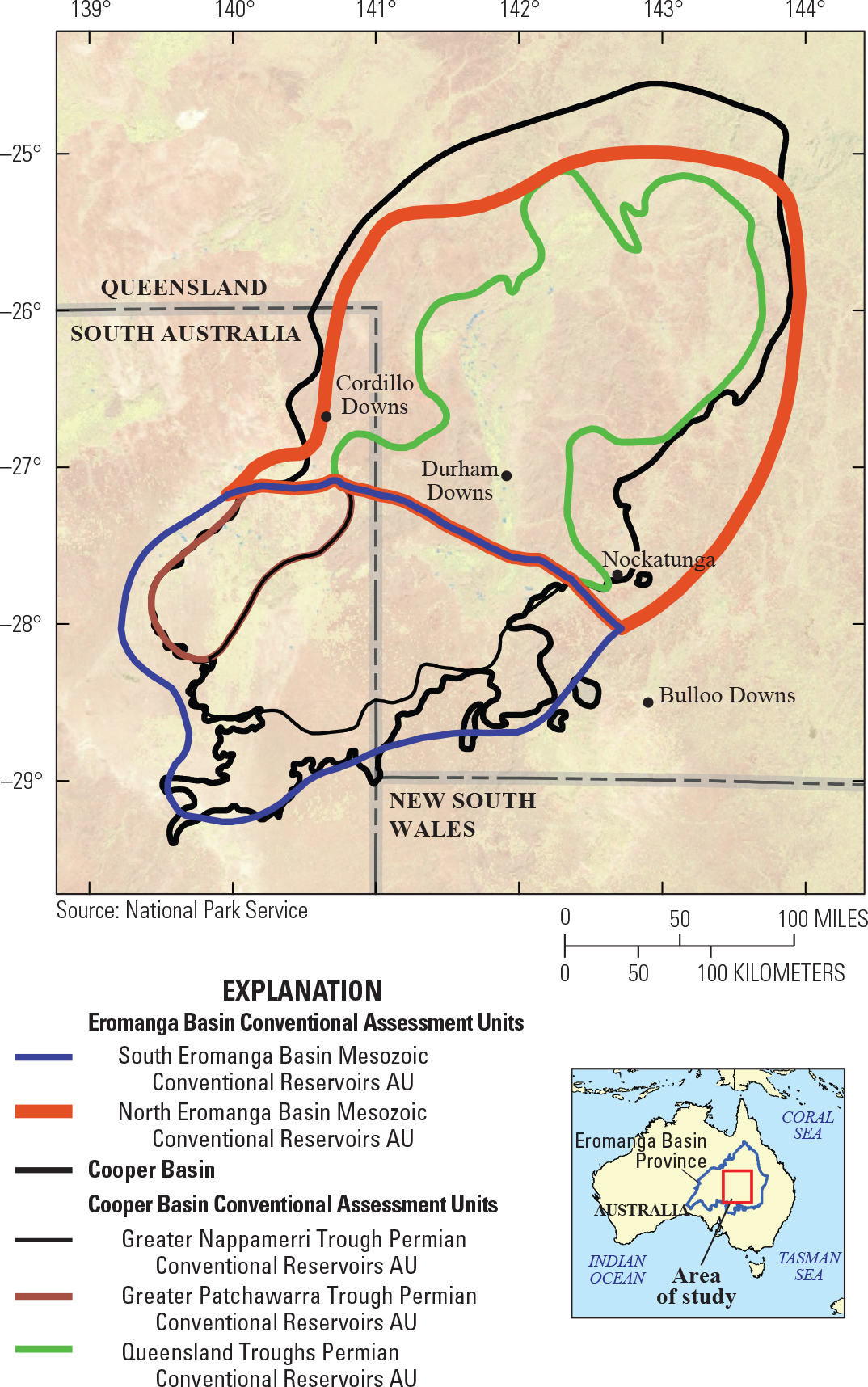 Map showing locations of five conventional assessment units in the Eromanga Basin Province, Australia (USGS figure)