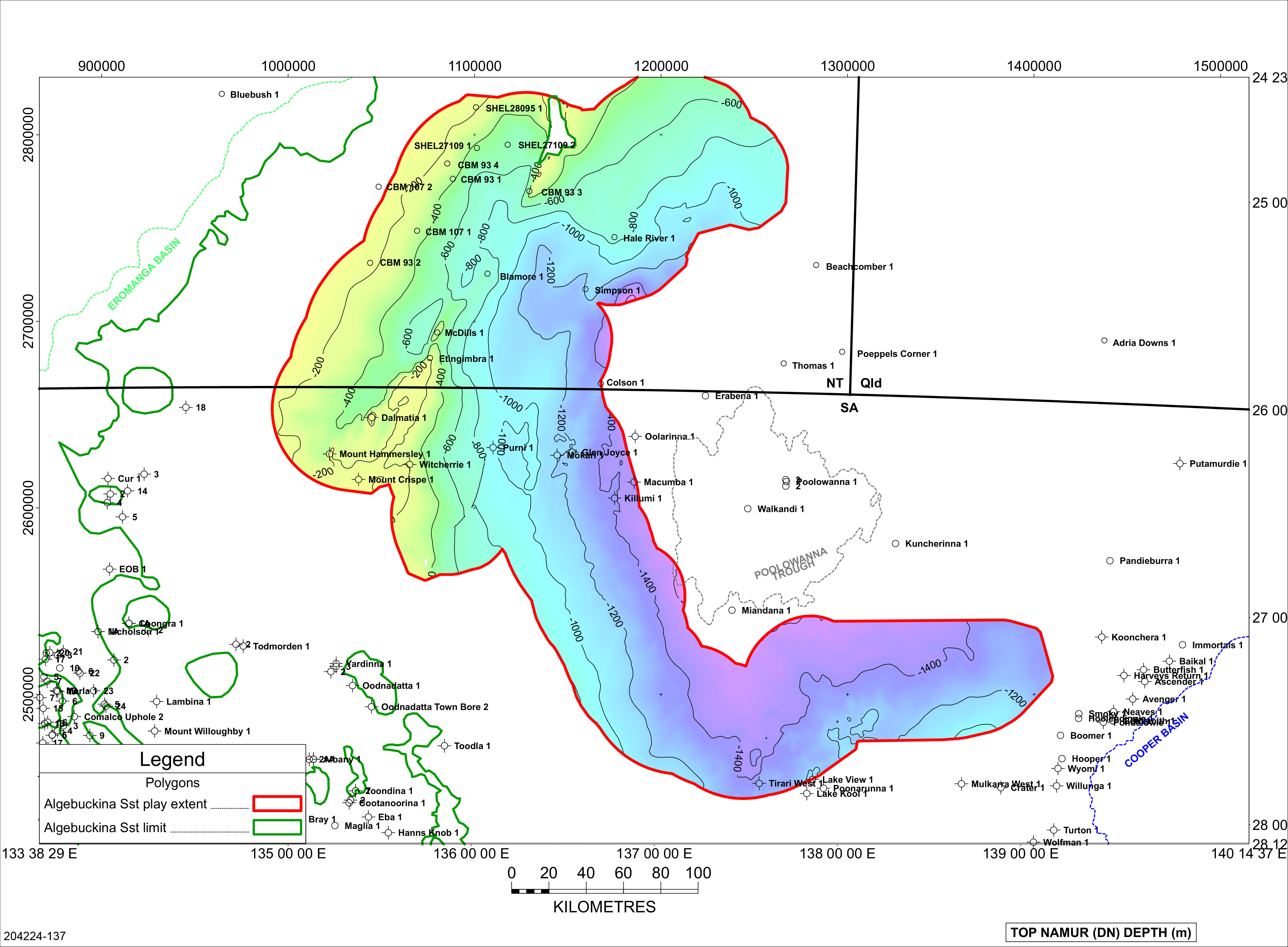 Approximate extent of the Algebuckina Sandstone play in the Poolowanna Trough region.