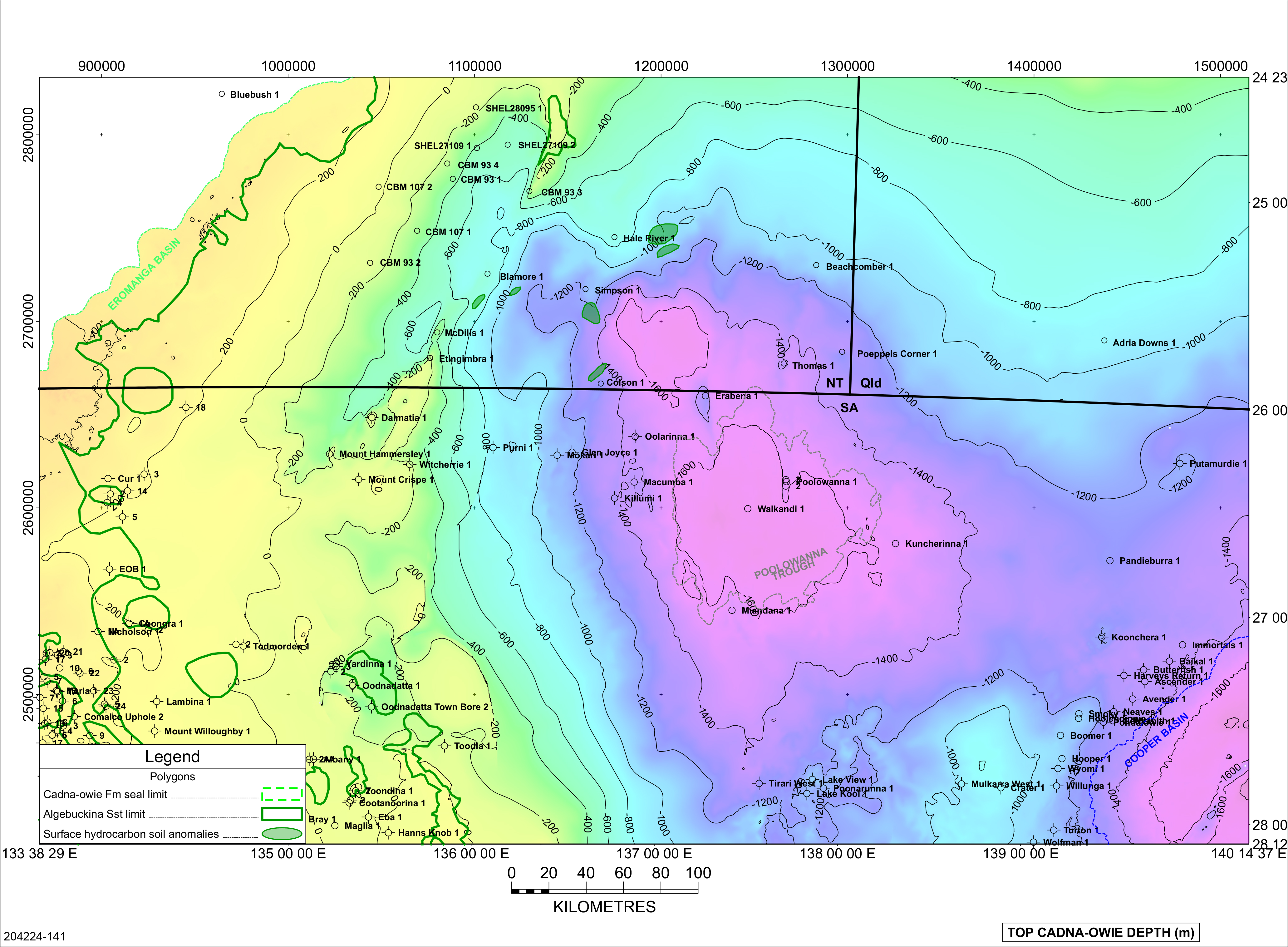 Extent of the Cadna-owie Formation, hence likely area of sealed Algebuckina Sandstone reservoirs in the Poolowanna Trough region.