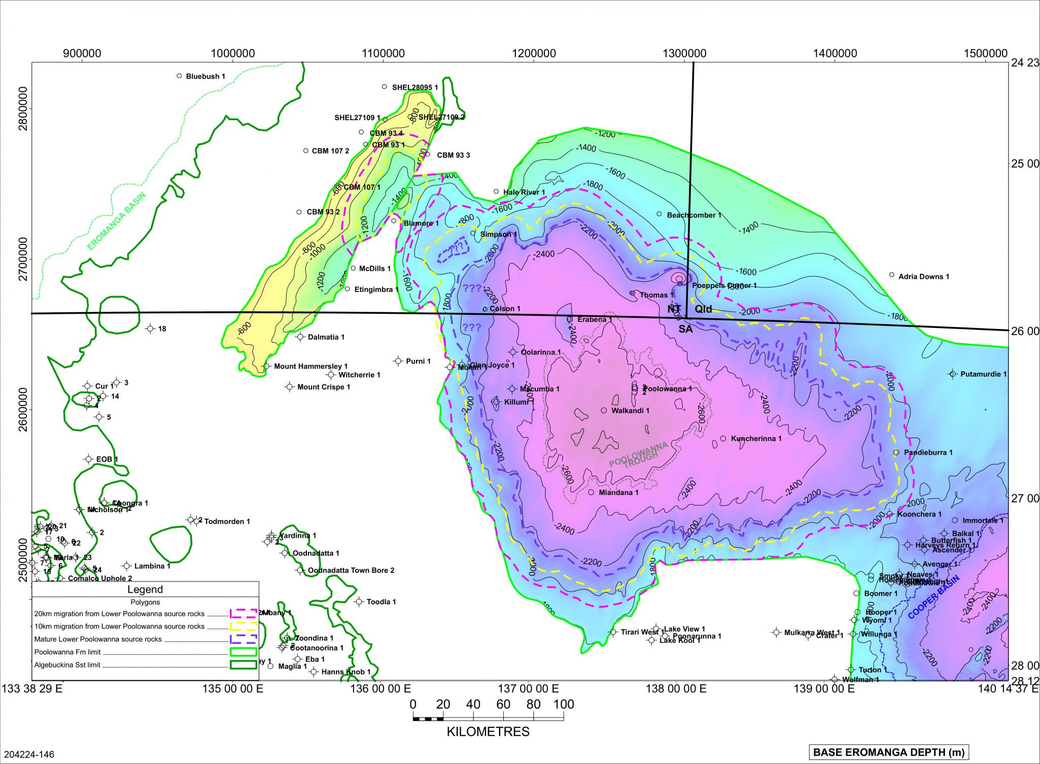Potential limit of migration extent from marginally mature Lower Poolowanna Formation source rocks in the Poolowanna Trough region