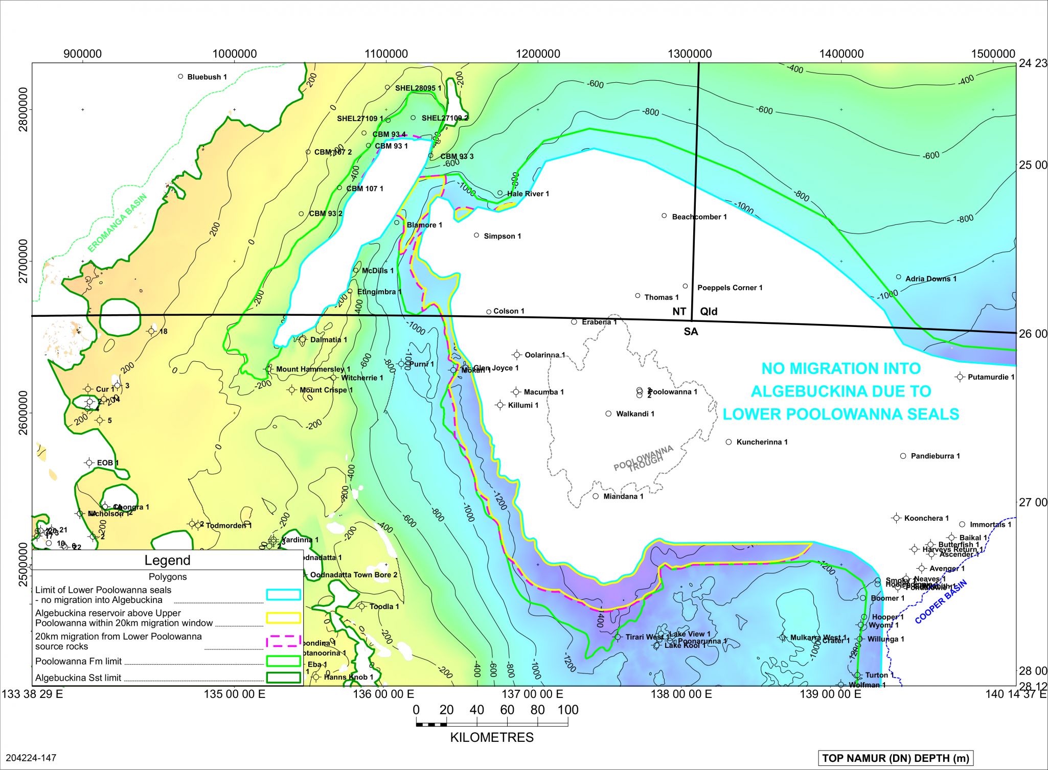 Potential limit of migration extent from marginally mature Lower Poolowanna Formation source rocks into Algebuckina Sandstone reservoirs