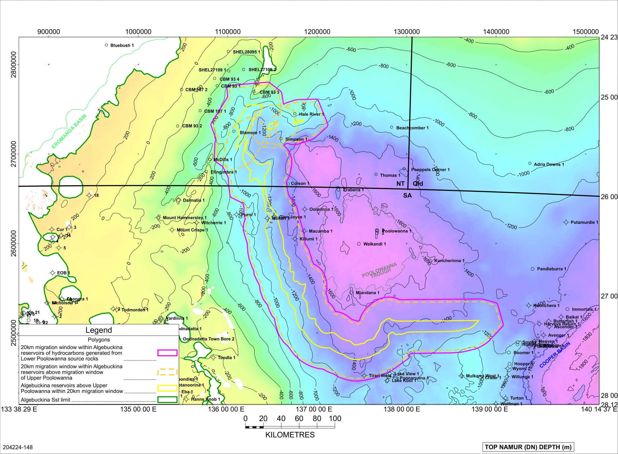 Potential limit of migration extent from marginally mature Lower Poolowanna Formation source rocks within Algebuckina Sandstone reservoirs
