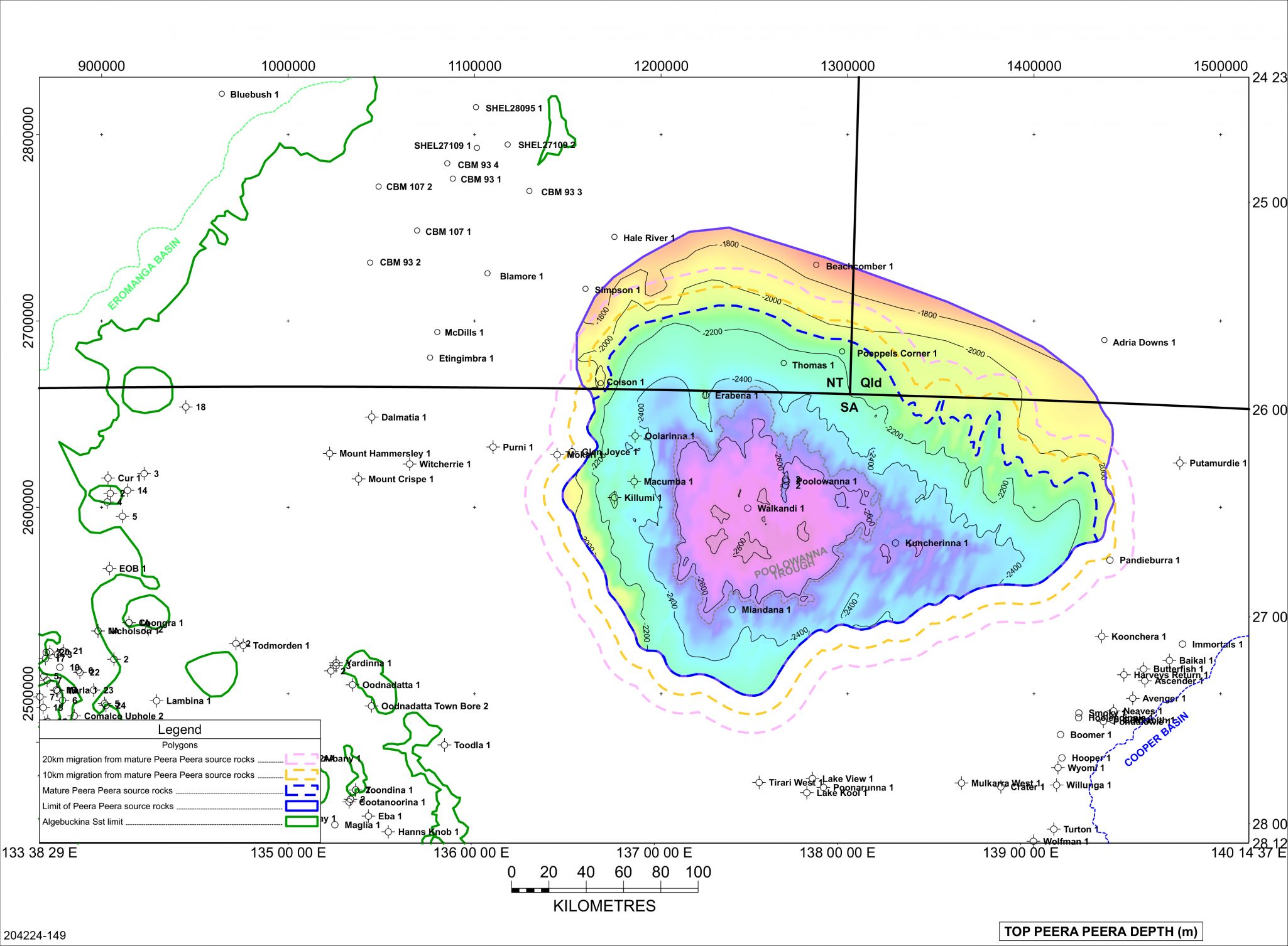 Potential limit of migration extent from marginally mature Peera Peera Formation source rocks in the Poolowanna Trough region