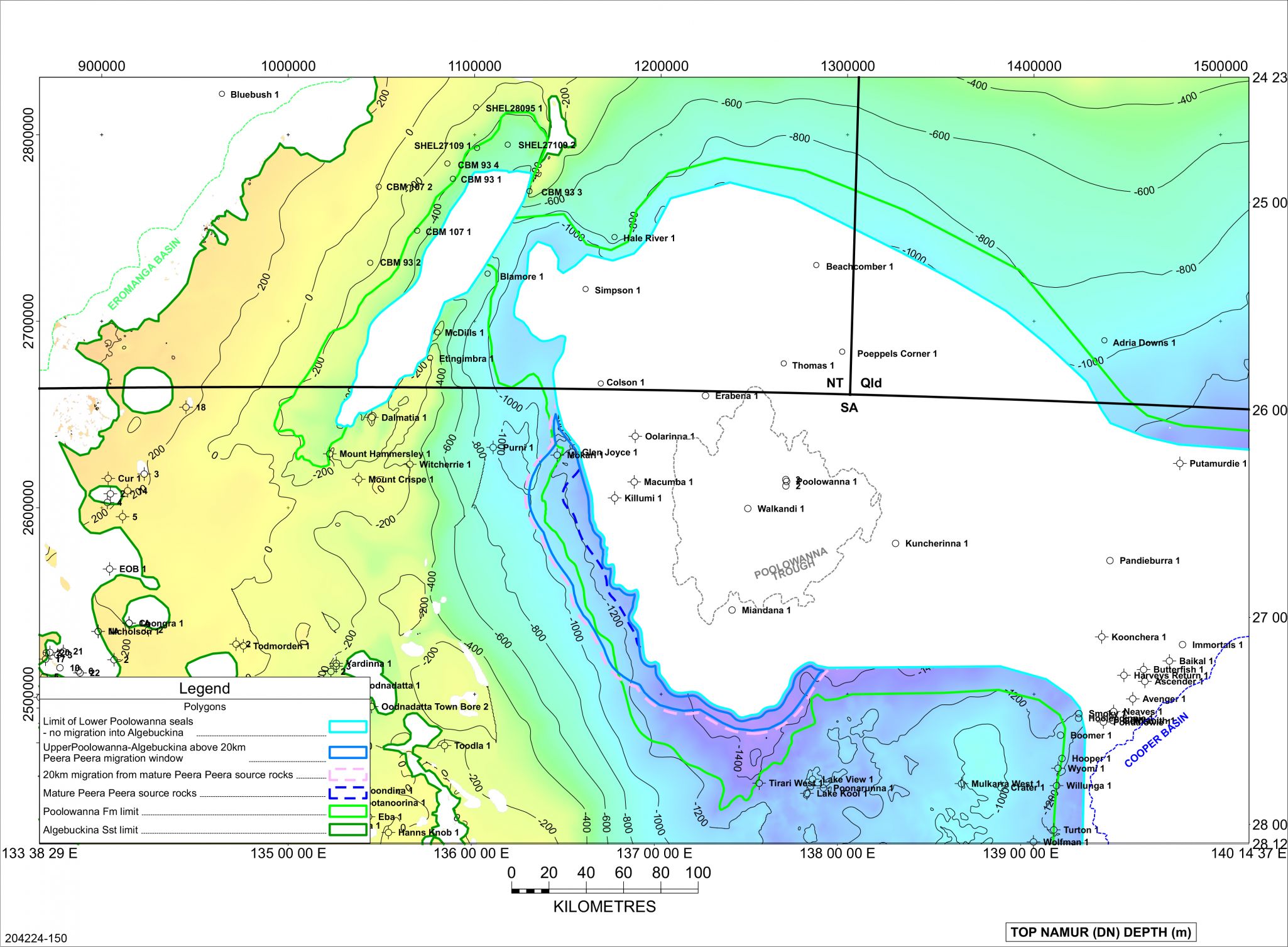Potential limit of migration extent from marginally mature Peera Peera Formation source rocks into Algebuckina Sandstone reservoirs