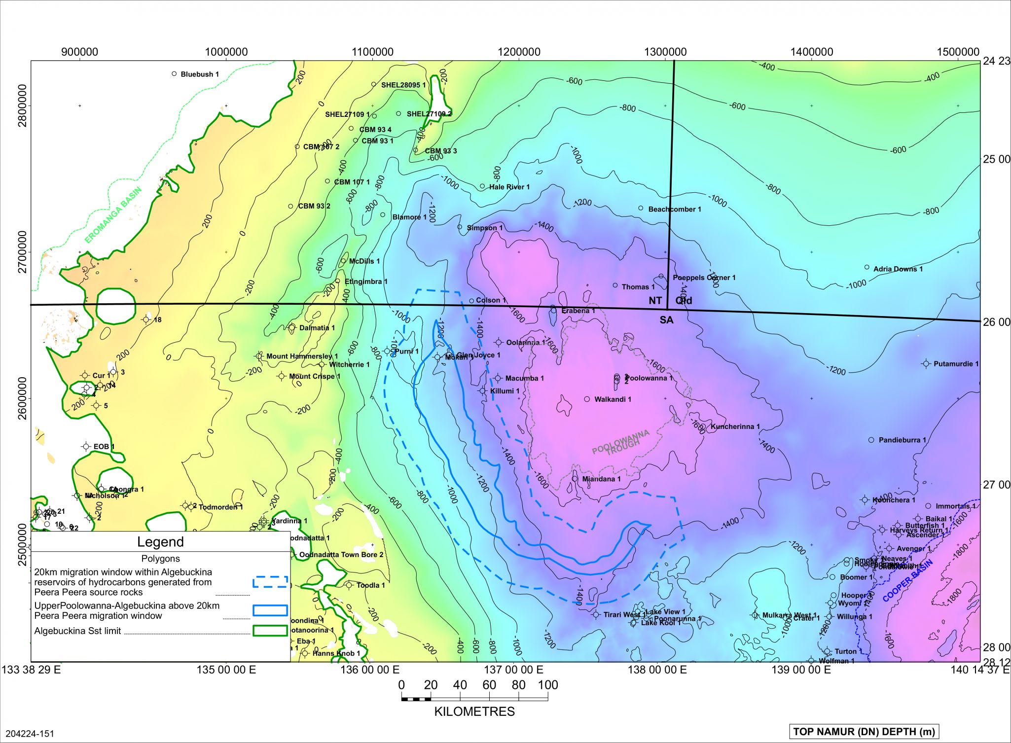 Potential limit of migration extent from marginally mature Peera Peera Formation source rocks within Algebuckina Sandstone reservoirs
